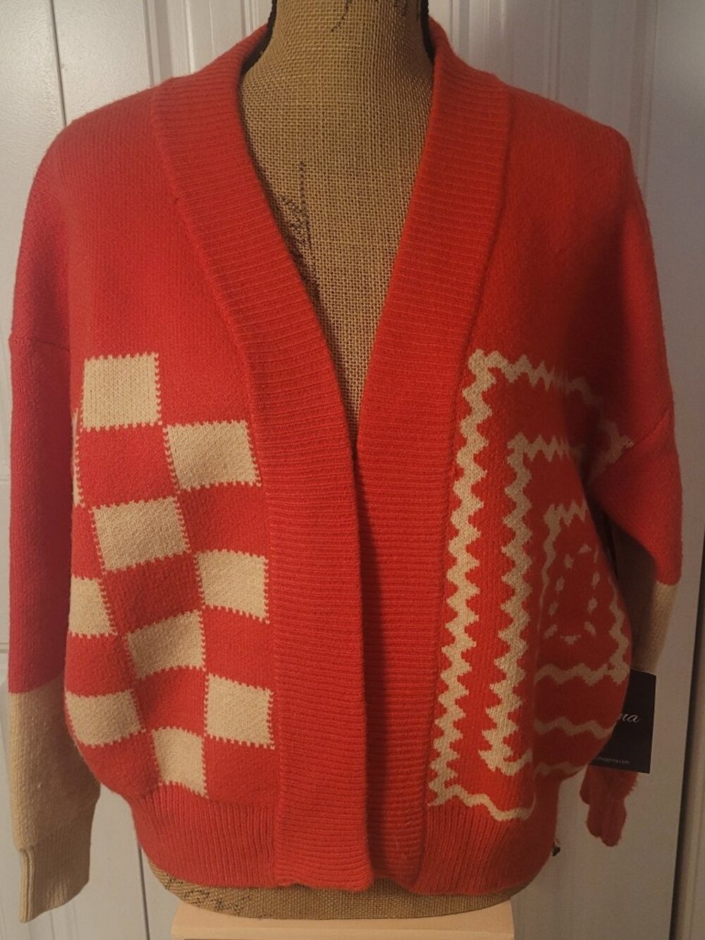 J.NNA Cardigan, Open-Front Mixed Design Red/Tan, NWT, S, Unique & Different!